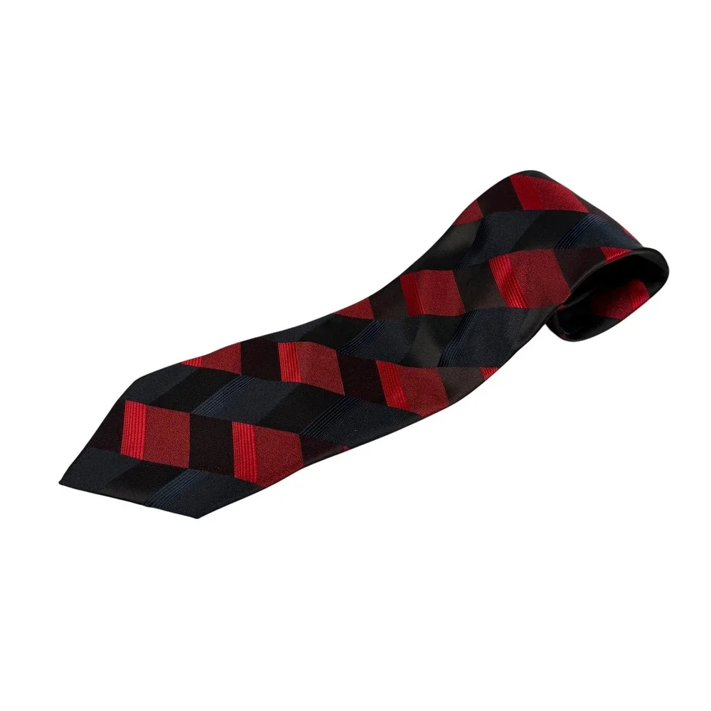VTG Louis Vuitton Mens Silk Tie Red Black Navy Geometric Chevron‎ Made Italy 60